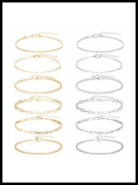 12pcs Gold Silver Tone Anklets Set Layered Cuban Link Chain Adjustable